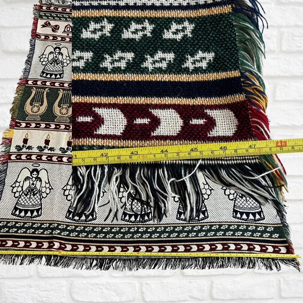 Reversible Angel Christmas Throw Blanket 60x47, Fringed Tapestry, Holiday Décor